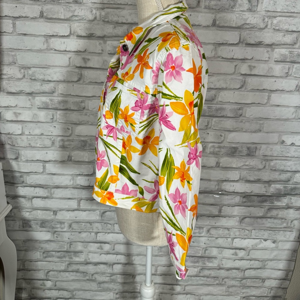 Vintage White Pink Orange Tropical Floral Jean Jacket Half Sleeves - Picture 3 of 14